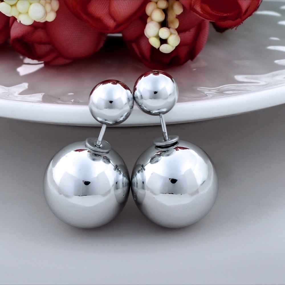 Metallic Silver Double Stud Earrings - Picture 3 of 7